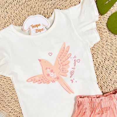 Conj. Blusa Passarinho e Short - Off White e Salmão